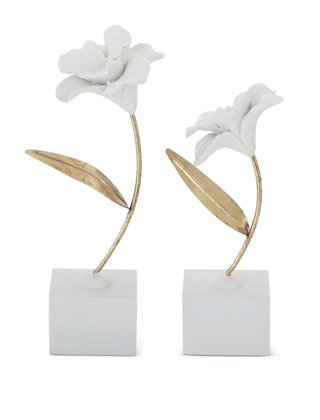 Set of 2 White Resin Gold Metal Stem Flowers on Base