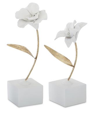 Set of 2 White Resin Gold Metal Stem Flowers on Base