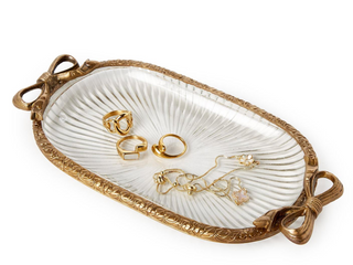 Antique Gold Finish Glass Vanity Tray with Bow Accents