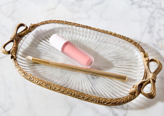Antique Gold Finish Glass Vanity Tray with Bow Accents
