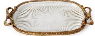Antique Gold Finish Glass Vanity Tray with Bow Accents