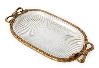 Antique Gold Finish Glass Vanity Tray with Bow Accents