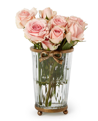Antique Gold Finish Hand Cut Glass Vase with Bow Accent