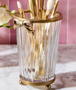 Antique Gold Finish Hand Cut Glass Vase with Bow Accent