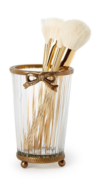 Antique Gold Finish Hand Cut Glass Vase with Bow Accent