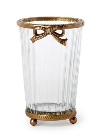 Antique Gold Finish Hand Cut Glass Vase with Bow Accent