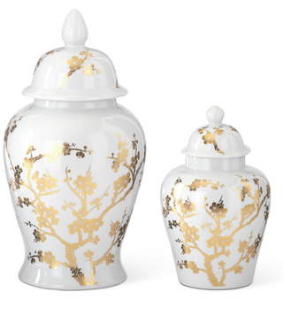 White and Gold Chinoiserie Vases with Lid