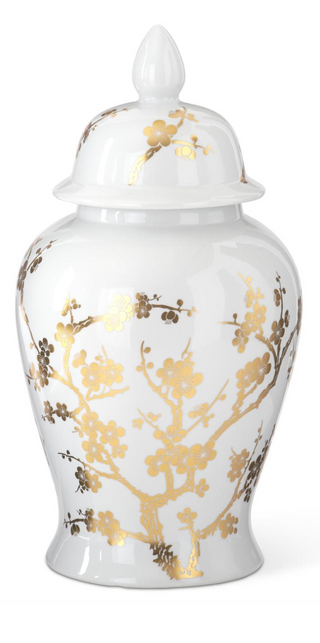 White and Gold Chinoiserie Vases with Lid