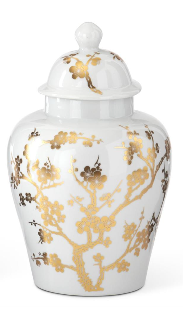 White and Gold Chinoiserie Vases with Lid
