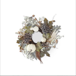 18" Mixed Fall Foliage Candle Ring with White Pumpkin