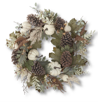 28 Inch Mixed Fall Foliage Wreath with White Pumpkins & Pinecones