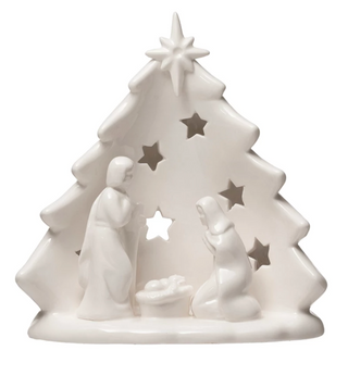Stoneware Christmas Tree with Holy Family Candle Holder