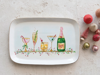 Multi-Color Holiday Cocktails Stoneware Platter with Gold Electroplating