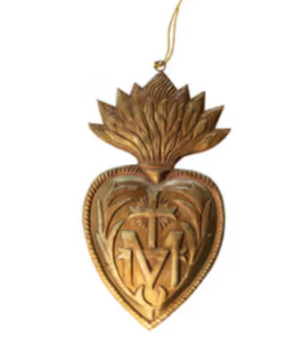 12" Embossed Metal Sacred Heart Milagro Ornament, Antique Gold Finish