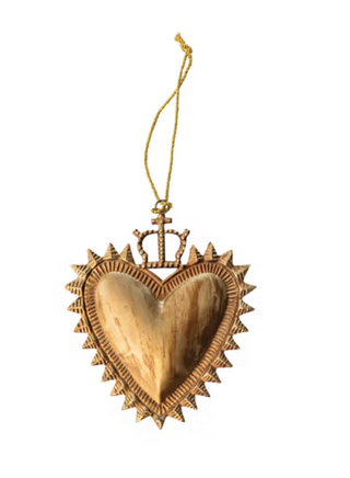5.5" Embossed Metal Sacred Heart Milagro Ornament, Antique Gold Finish