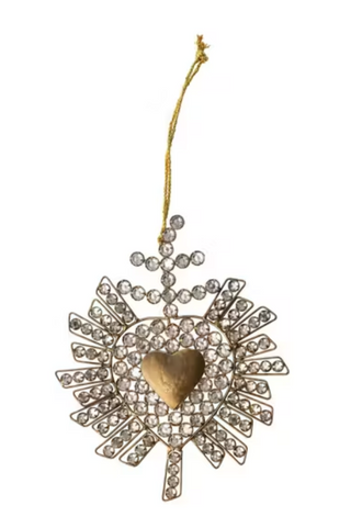 7" Metal Sacred Heart Milagro Ornament with Glass Jewels – Antique Gold