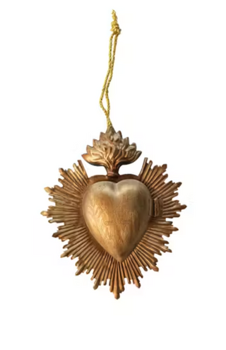 5" Embossed Metal Sacred Heart Locket Ornament – Antique Gold