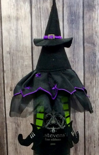 Witch Wine Bottle Hat with Green and Purple