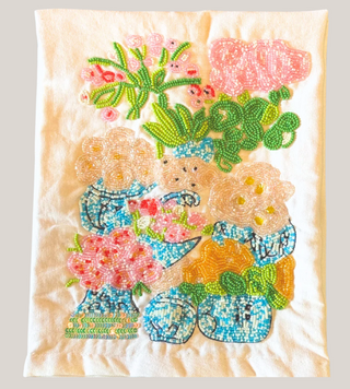 Flowers in GInger Jar beaded tea towel