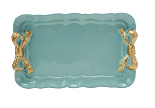 Decorative Metal Tray with Gold Finish Bows, Aqua