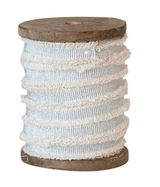 10 Yard Cotton Ribbon w/ Metallic Thread & Fringe on Wood Spool