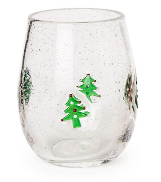 Holiday Clear Bubble Stemless Wine Glass with Tree Icon