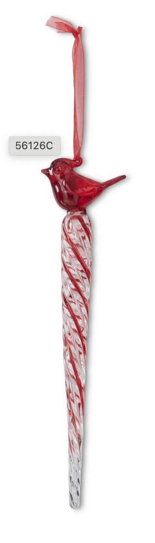 9" Red & Clear Glass Icicle Ornament Cardinal