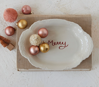 Stoneware Scalloped Platter with Embossed Edge "Merry"