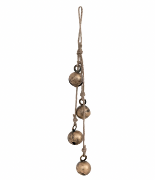 11-1/2"H Hanging Metal Jingle Bells with Jute Rope, Antique Brass Finish