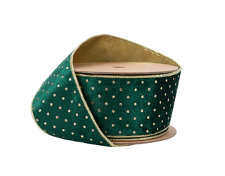 2 1/2" Wired Velvet | Dark Green with Gold Metallic Dot | 10 Yard Roll