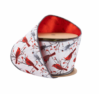 4" Wired Velvet | White and Red Cardinals with Red Backing | 10 Yard Roll