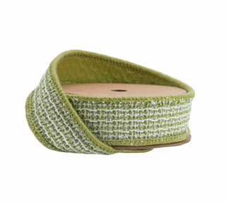 1" Wired Woven Jacquard Ribbon | Green/White w/ Green Backing | 10 Yard Roll