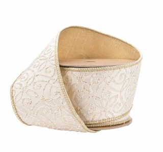Wired Jacquard Ribbon | Ivory/Gold w/ Gold Dupioni-fused Backing | 10 Yard Roll