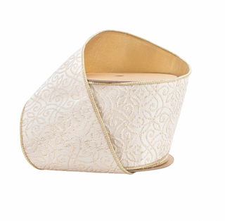 Wired Jacquard Ribbon | Ivory/Gold w/ Gold Dupioni-fused Backing | 10 Yard Roll