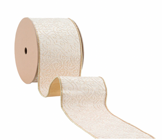 Wired Jacquard Ribbon | Ivory/Gold w/ Gold Dupioni-fused Backing | 10 Yard Roll