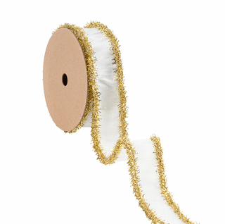 Wired Dupioni Ribbon | Ivory w/ Gold Tinsel Edging