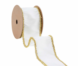 Wired Dupioni Ribbon | Ivory w/ Gold Tinsel Edging