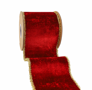 4" Wired Velvet Ribbon | Red w/ Gold Tinsel Edge & Metallic Gold Backing | 5 Yard Roll