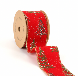 2 1/2" Wired Ribbon | "Snowy Trees" Red/Multi | 10 Yard Roll