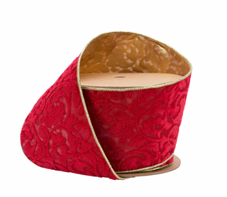 4" Wired Reversible Velvet Ribbon | Red Floral Embossed with Gold Backing | 10 Yard Roll
