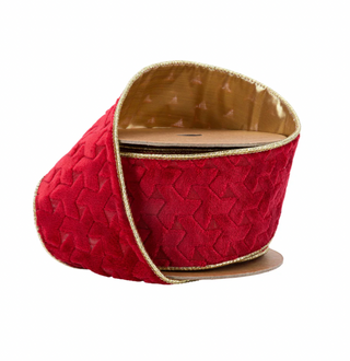 2 1/2" Wired Velvet Ribbon | Red Geometric Embossed with Gold Backing | 10 Yard Roll