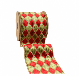 4" Wired Velvet Ribbon | Diamond Apple Green/Red/Gold Glitter | 5 Yard Roll