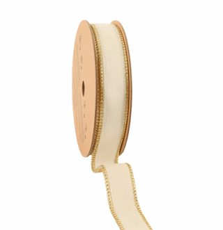 Classic Velvet Wired Ribbon | Ivory/Gold | 10 Yard Roll