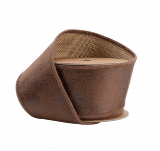 2 1/2" Wired Leather Ribbon | Brown w/ Jute Backing | 10 Yard Roll