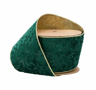 Wired Reversible Velvet Ribbon | Green Floral Embossed with Gold Backing | 10 Yard Roll
