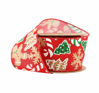 2 1/2" Wired Ribbon | Gingerbread Cookies and Candies on Red | 10 Yard Roll
