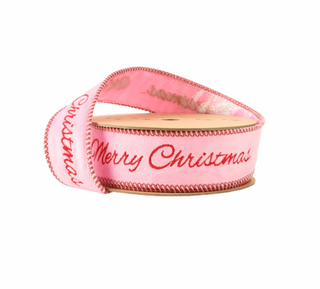 1 1/2" Embroidery Velvet | Merry Christmas w/ Pink Backing | 5 Yard Roll