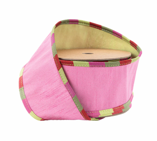 2 1/2" Wired Reversible Ribbon | Pink/Apple Green Dupion Apsen Check Piping | 10 Yard Roll