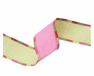 2 1/2" Wired Reversible Ribbon | Pink/Apple Green Dupion Apsen Check Piping | 10 Yard Roll
