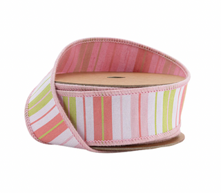 1.5" Wired Ribbon | Pink/Green/White Stripes w/ Pink Backing
